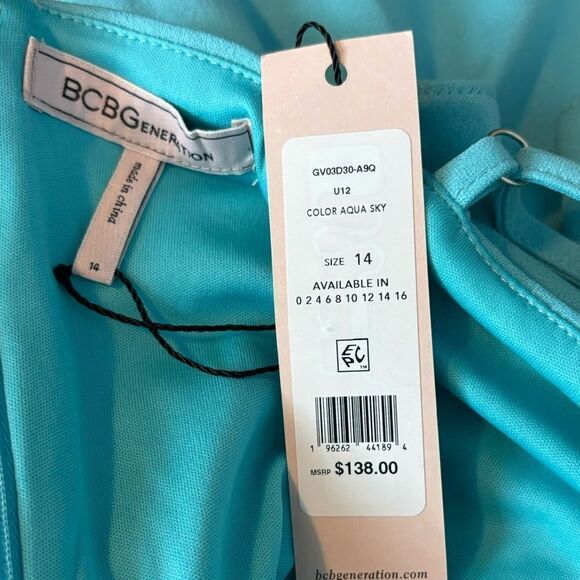 NEW BCBGeneration Tiered Ruffle Hem Mini Square Neck Dress Aqua Sky Size 14 - Picture 4 of 10